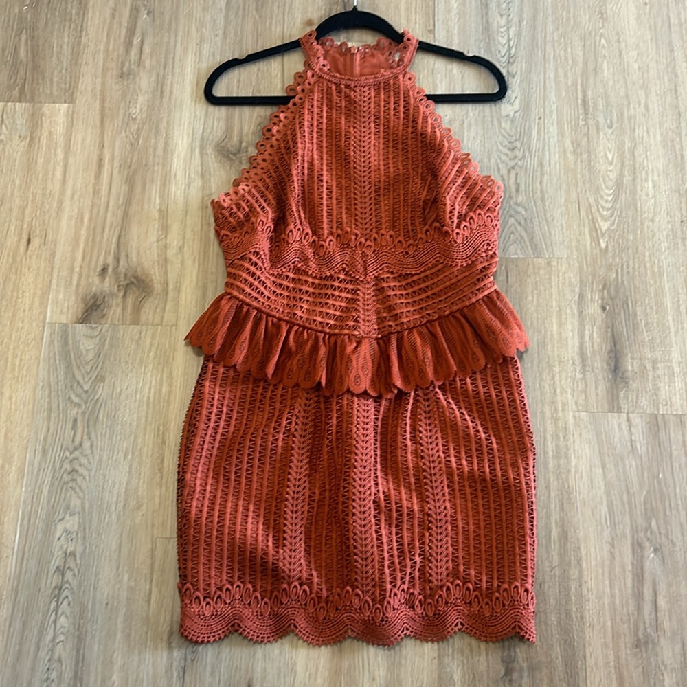 ASOS Rust Orange Red colored eyelet sleeveless halter dress with back zipper.